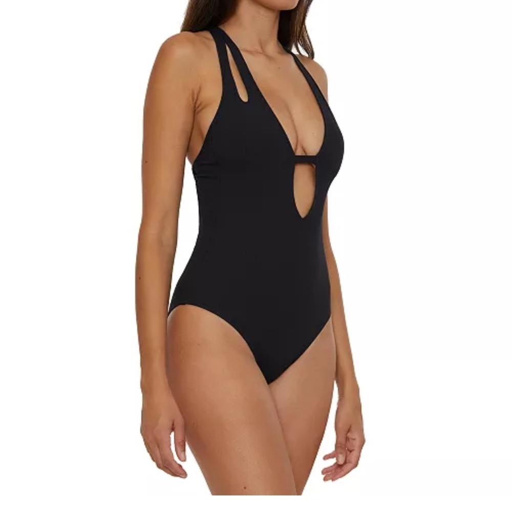 BECCA Modern Edge Textured Plunging Neck Black Swimsuit Size Large - Picture 2 of 8